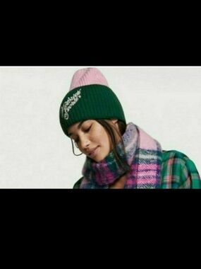 Victoria's Secret Green and Pink Ribbed Beanie with Embroidered Script